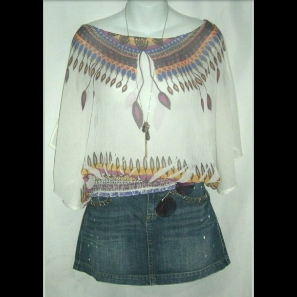y2k Wet Seal Blouse Batwing Sleeves White Purple Bohemian Print Sheer Boho Top M - Picture 3 of 8